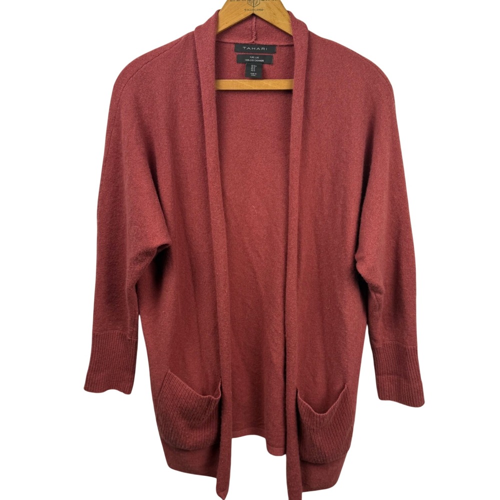 Tahari Pure Luxe 100% Cashmere Cardigan Sweater‎ Sz Small Red Open Front Pockets
